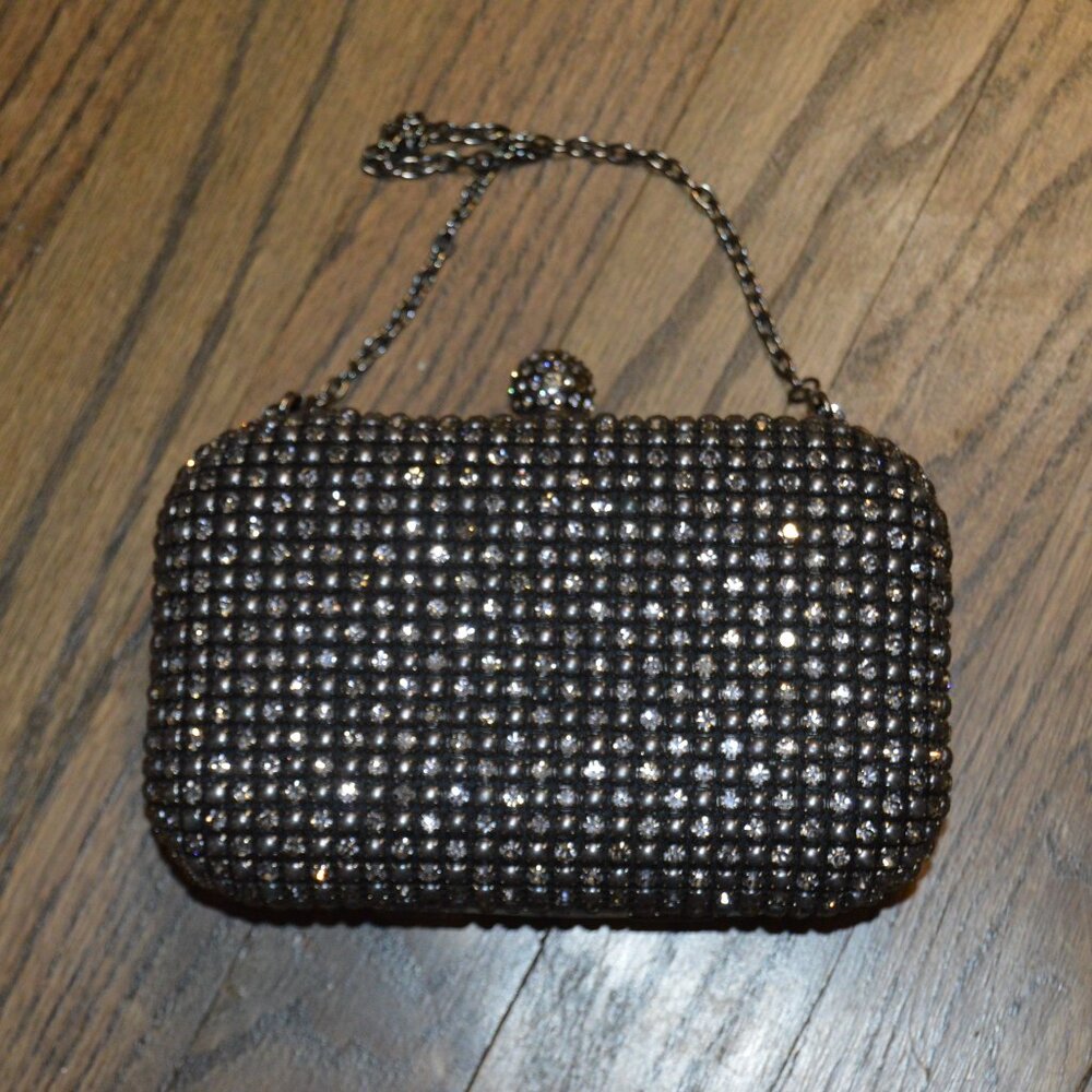 Evening Purse/Bag/Clutch/hinged~Rhinestones~Dark Pearl silver Black~Chain handle
